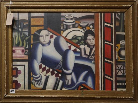 After Fernand Leger, oil on board, Figures and still life, 45 x 65cm